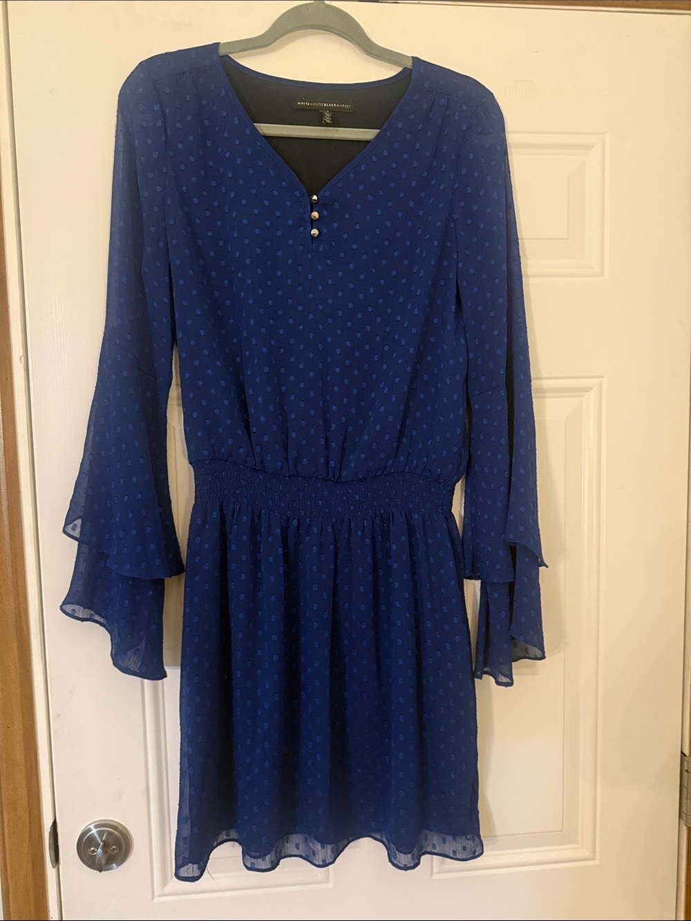 White House Black Market Royal Blue Long-Sleeve Smocked Waist Dress